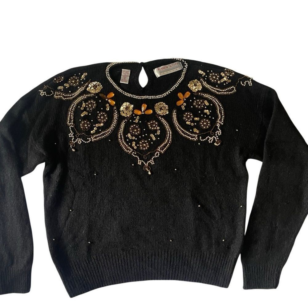 Karen Scott vintage black embelished crew sweater silk &angora‎ blend sz P L